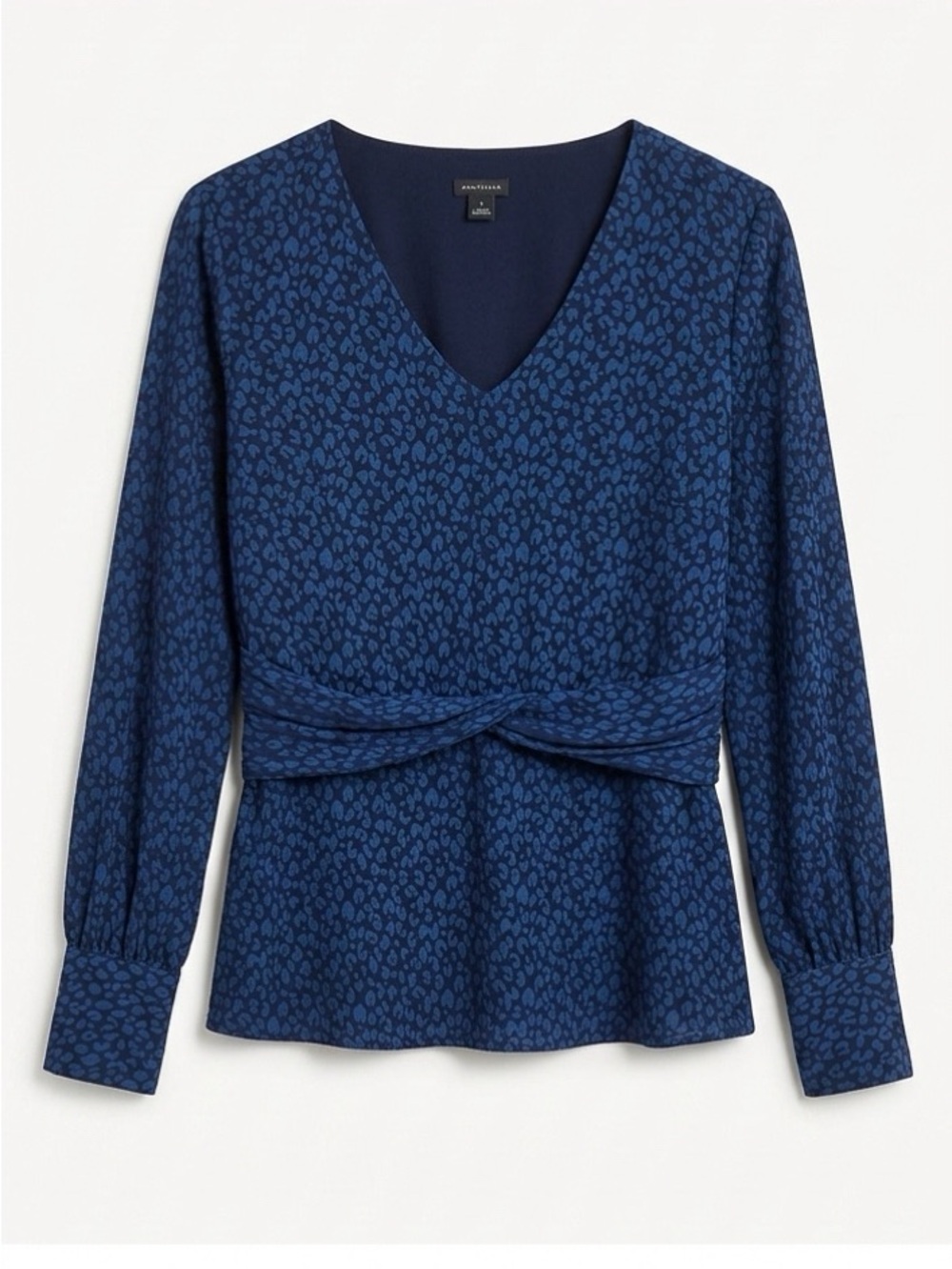 Ann Taylor Dark Navy Printed Twist-Waist V-Neck Blouse